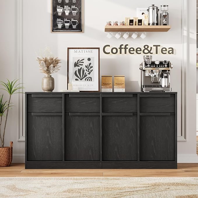 GarveeHome Sideboard Buffet Cabinet with 4 Drawers, 62.4" Large Coffee Cabinet with Storage, Modern Storage Buffet Table for Kitchen Dining Room, Living Room (Black, 4 Doors & 4 Drawers)