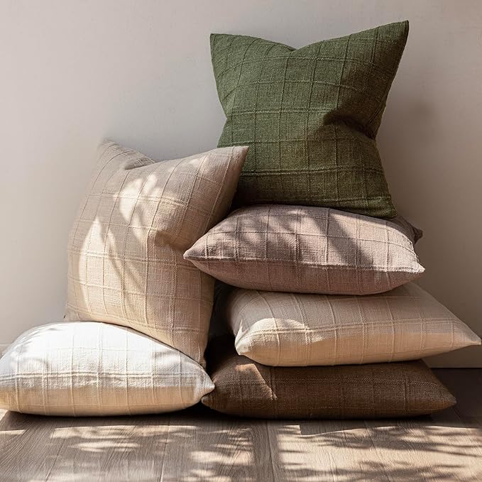 Foindtower Set of 2 Decorative Linen Check Throw Pillow Covers Neutral Farmhouse Vintage Cushion Covers Modern Boho Home Decor for Sofa Chair Couch Bedroom Living Room Outdoor,24×24 Inch,Olive Green