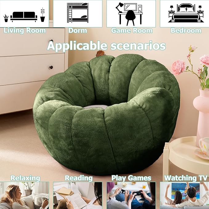 Pumpkin Bean Bag Sofa Chair, Bean Bag Chair with Filler for Teens, Kids, Toddler, Comfy and Lazy Sofa for Dorm, Apartment, Living Room and Bedroom, Dark Green