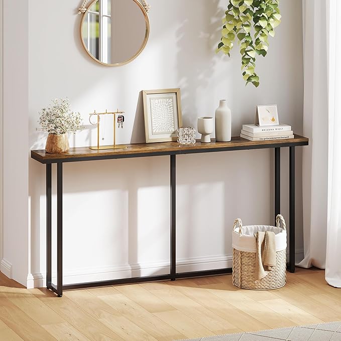 Yaheetech Narrow Console Table with Sturdy Metal Frame, 63 Inch Extra Long Entryway Sofa Table for Behind Couch, Hallway, Living Room, Rustic Brown