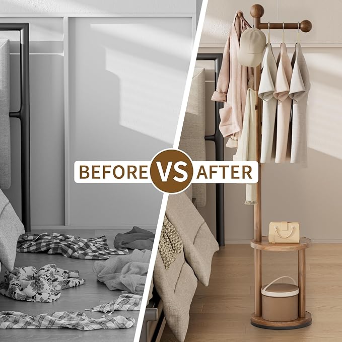 Solid Wood Rotary Coat Rack, Freestanding 360° Swivel Coat Rack with Heavy-Duty Base, 8 Hooks & 2-Tier Shelves for Entryway, Bedroom, Office, Standing Coat Tree for Jackets, Hats, Bags (Walnut)
