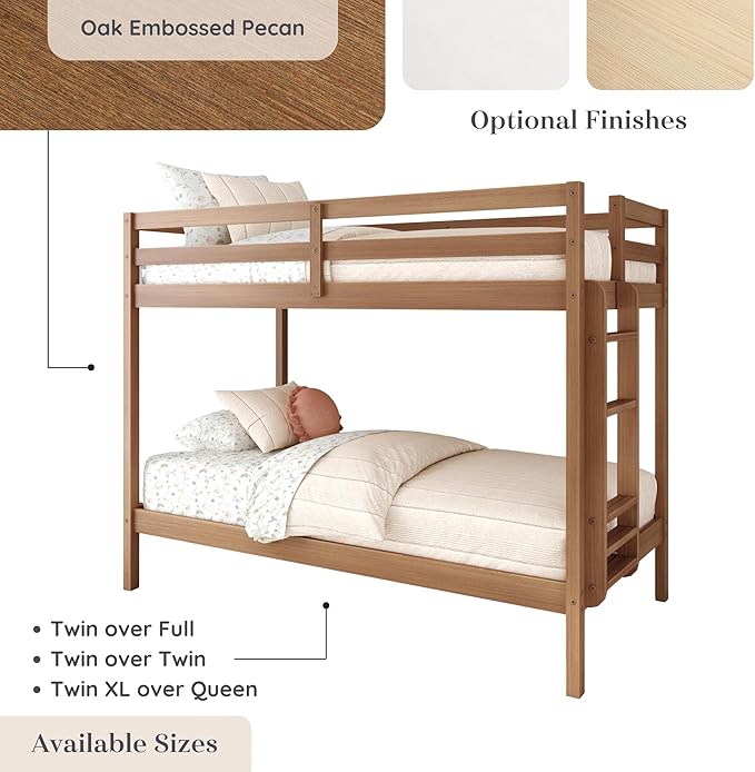 Grain & Grove Bear Twin Over Twin Bunk Bed, Sturdy Bunk Bed Frame for Kids, Plywood Bunk with Ladder, Guardrail, and Slats, No Box Spring Required, Oak Embossed Pecan