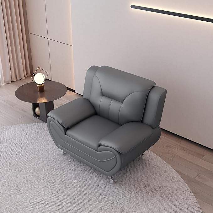 Container Furniture Direct Michael Modern Faux Leather Upholstered Stainless Steel Legs Living Room Sofa, Loveseat, Gray