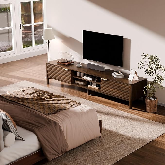 TV Stand for Living Room - up to 80 Inch TVs Mid Century Modern Entertainment Center with Storage and Adjustable Shelves, Media Console Table Walnut 70"