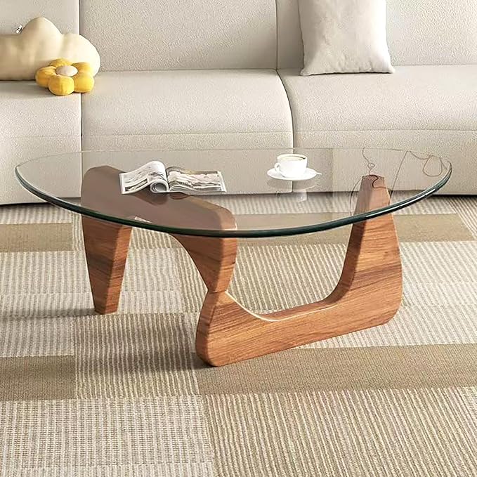 Modern Glass Coffee Table for Living Room, Small mid Century Coffee Table, Stylish Coffee Tables Suitable for Bedroom Living Room Reception Office Tables（Walnut/Transparent，Small）