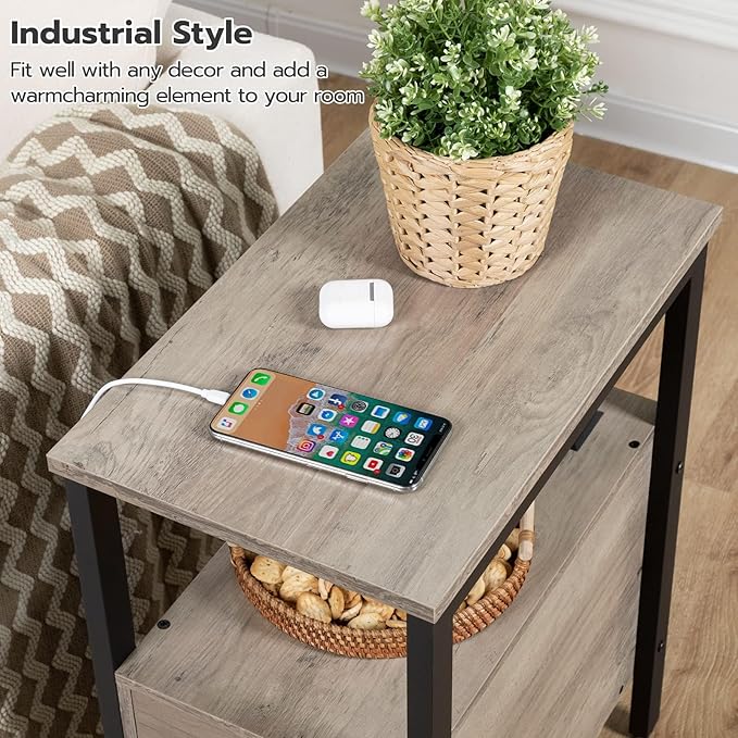 HOOBRO End Table with Charging Station, Narrow Side Table with 2 Drawers & USB Ports & Power Outlets, Nightstand for Small Spaces, Bedroom, Living Room, Stable and Sturdy, Greige and Black BG541BZ01
