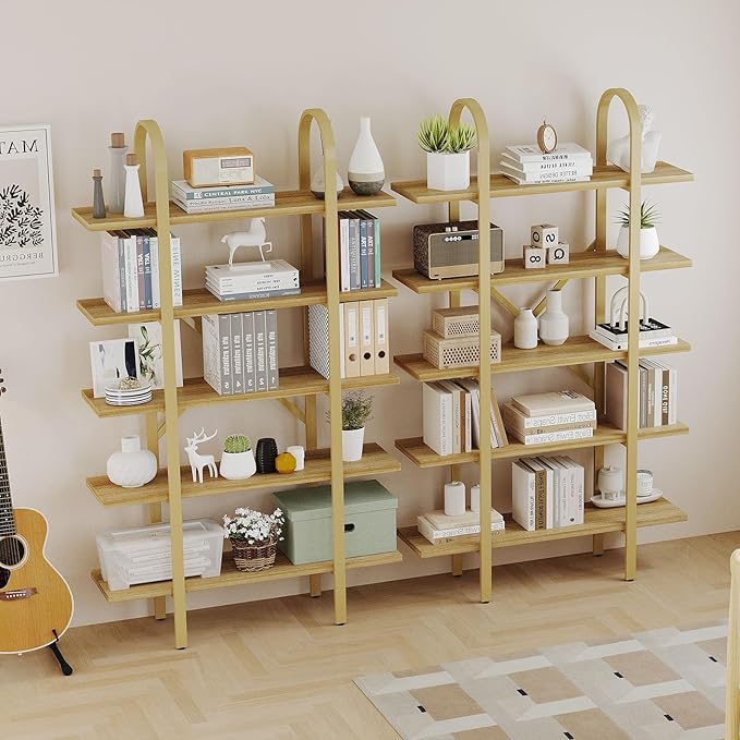 Wide Bookshelf Arched Bookcase, Industrial 5 Tier 72" Tall Freestanding Heavy Duty Display Rack for Home Office, Living Room,Nature Wood & Gold,Easy Assembly