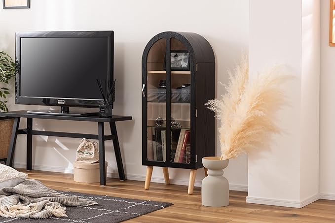 PaletteLife Arched Figurine-Case 4 Tier Collection Shelf, Oak Wood Grain with Glass Door and 2 Movable Glass Shelves, No Mirror, White, PT-621WH