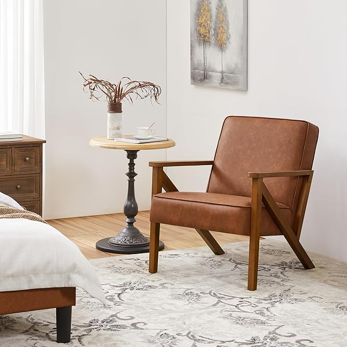 Yaheetech Accent Chair, Armchair with Strong Wood Frame, PU Leather Modern Retro Lounge Chair for Living Room/Lounge/Office/Reception Area, 2 Pieces, Light Brown