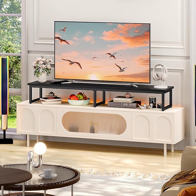 Clikuutory 59" Large TV Riser for 32-75 inch TVs, Tabletop Stand with Steel Legs, Storage & Dual - Screen Office Desk Function, Ideal for Home Office, Bedroom, Living Room, Black
