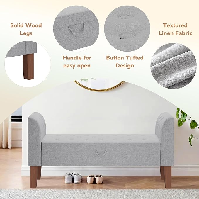 Awonde Armed Storage Bench for Bedroom Entryway Living Room Upholstered Tufted Ottoman Bench Gray