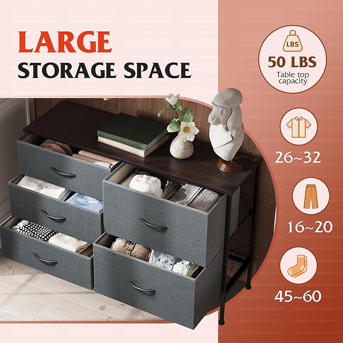 WLIVE Dresser for Bedroom with 5 Drawers, Wide Bedroom Dresser with Drawer Organizers, Chest of Drawers, Fabric Dresser for Living Room, Closet, Hallway, Dark Grey