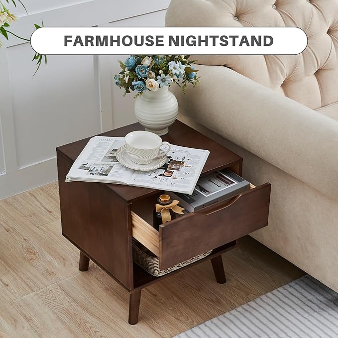 Uniclinens Nightstand with Drawer and Opening Storage, Modern Solid Rubberwood Bedside Table for Bedroom, 19" Sofa Side Table End Tables Living Room, Walnut