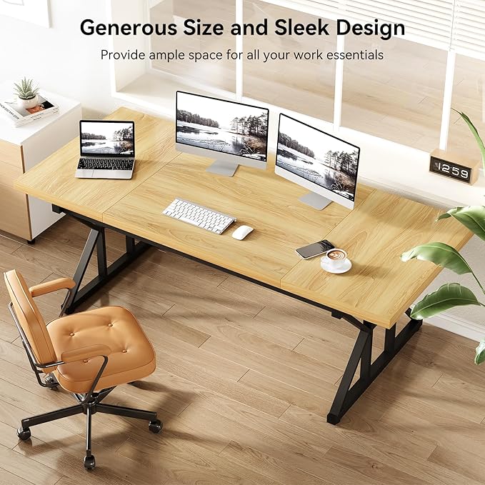 LITTLE TREE 70.8-Inch Large Executive Desk, Modern Computer Office Desk, Wooden Writing Desk Study Table for Home Office, Light Walnut-Black