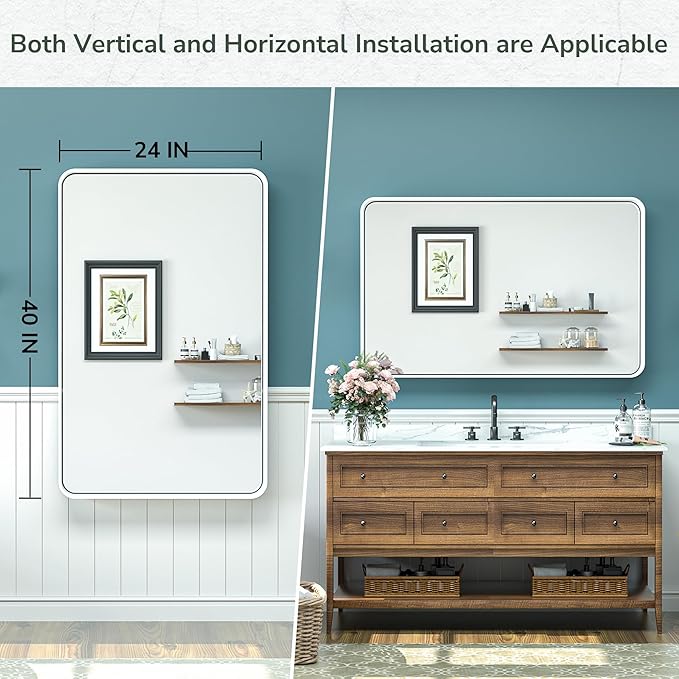 TokeShimi 40 x 24 Inch Wall Mirror for Bathroom White Metal Frame Decorative Rectangular Wall Mounted Home Decor Corner Hangs Farmhouse Mirror (Horizontal/Vertical)
