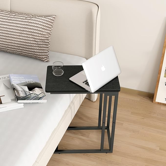 Yusong C Shaped End Table - Slide Under Sofa Couch Bed, Small Table for Small Spaces, Skinny Overbed, Coffee Drink Snack Table for Living Room, Black Oak