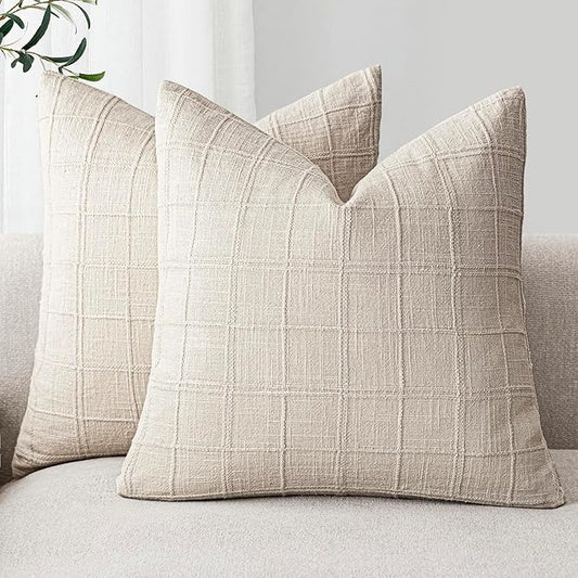 Foindtower Set of 2 Decorative Linen Check Throw Pillow Covers Neutral Farmhouse Vintage Cushion Covers Modern Boho Home Decor For Sofa Chair Couch Bedroom Living Room Outdoor,22×22 Inch,Natural Beige