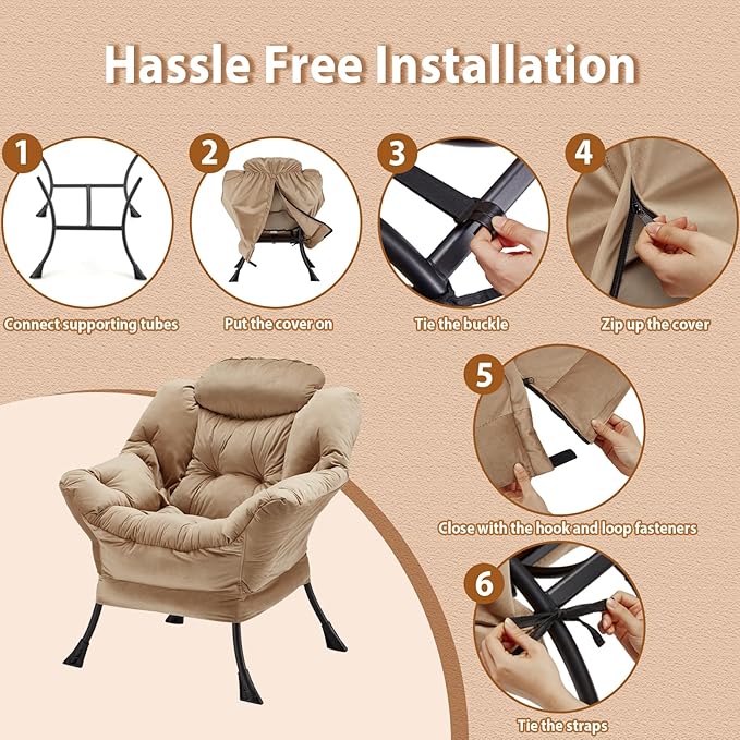 Lazy Chair Thick Padded, Comfy Velvet Accent Lounge Chair with Stable Frame, Leisure Sofa Armchair with Armrests and Side Pocket, Reading Chair for Bedroom, Living Room, Office, Khaki