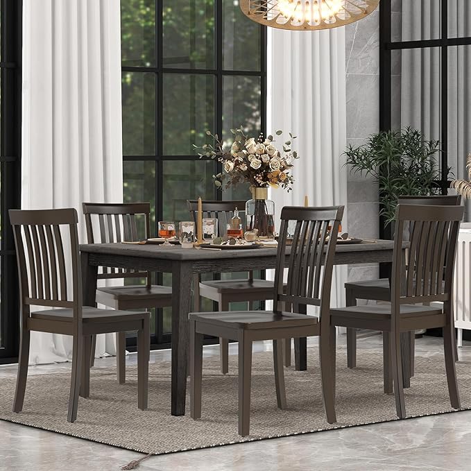 COLAMY Wooden Dining Chairs Set of 6, Solid Rubberwood Kitchen & Dining Room Chairs,Windsor Style Seating, Rustic Dining Table Chairs, Non-Slip Foot Pads, Farmhouse & Traditional Seating,Dark Brown
