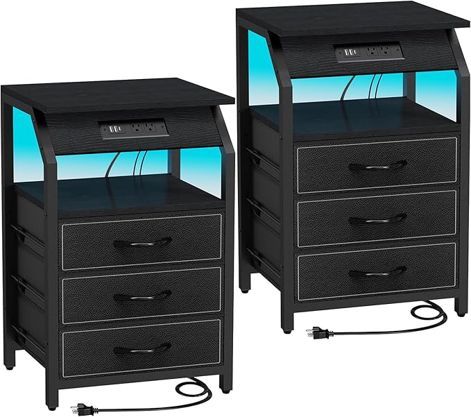 End Tables Set of 2, Nightstands with Charging Station and LED Lights, 3 Drawers Fabric Dressers, Storage Side Tables for Bedside, Living Room, Modern Black