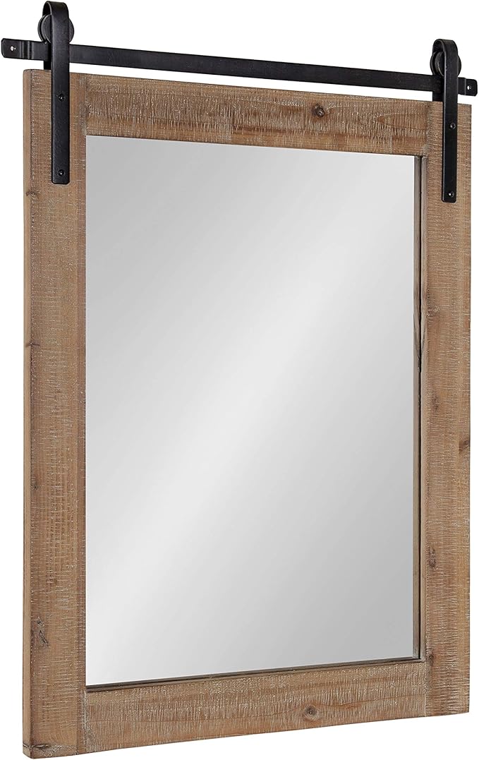 Kate and Laurel Cates Rustic Wall Mirror, 22" x 30" Rustic Brown, Farmhouse Barn Door-Inspired Wall Decor