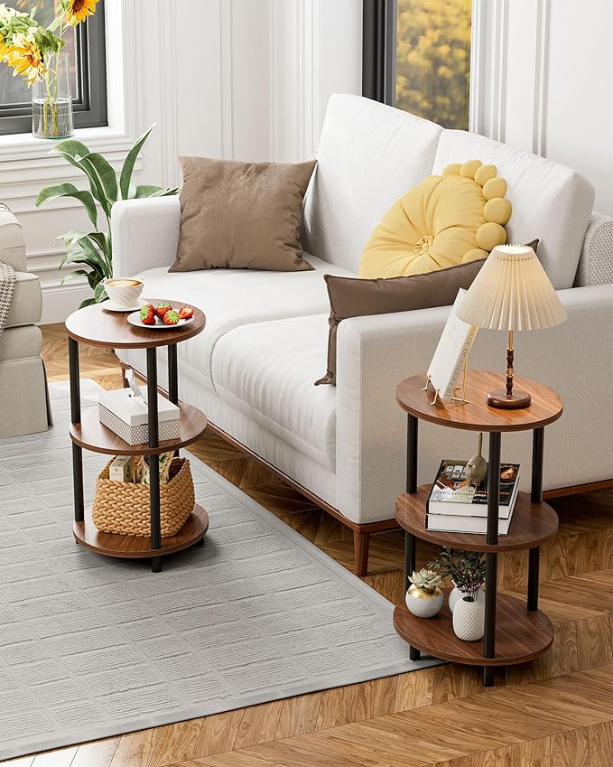 Small Round Side Table - 3-Tier Oval Accent Table for Small Spaces, Rustic Wood and Metal Couch End Table, Nightstand for Bedroom or End Table Living Room, Easy to Assemble, Rustic Walnut