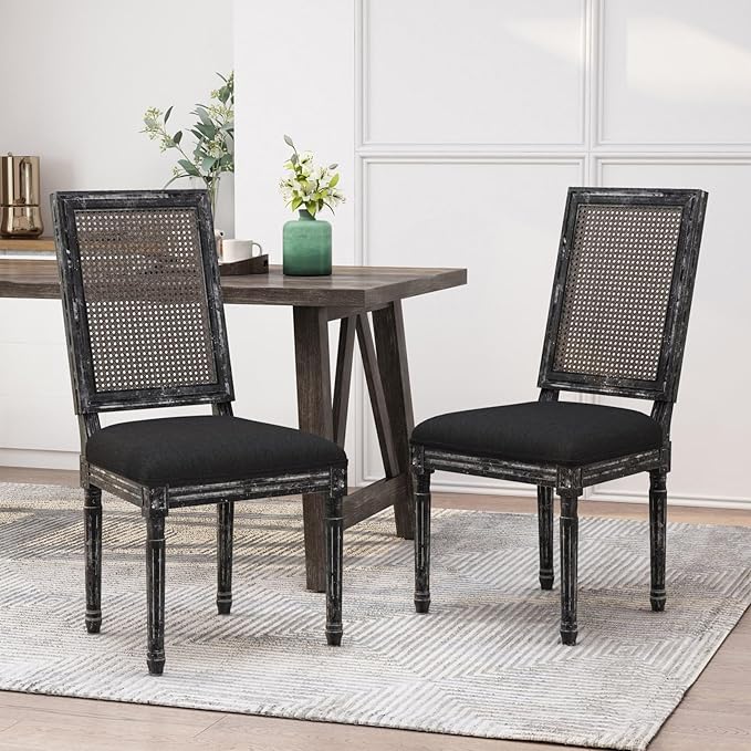 Merax Upholstered Solid Wood Dining Chairs Set of 2, French Country Style Accent Side Seating Furniture for Kitchen, Living Room, Wicker Back, Black