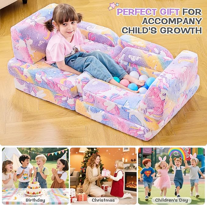 IFNOW Modular Kids Play Couch,Toddler Couch Kids Sofa,Child Sectional Sofa,Bedroom and Playroom Furniture for Toddlers,Convertible Foam and Floor Cushion for Boys and Girls,Glow in The Dark,Unicorn