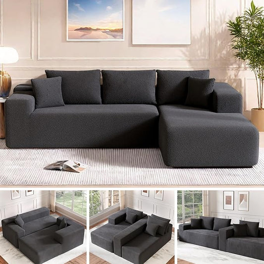 Cloud Sectional Couch, 104”L-Shape Oversized Sofa with Left Chaise Lounge, Modular Sleeper Couch with Pillows & Deep Seat, Rain Drop Velvet Fabric Compressed Sofa for Living Room, Dark Gray