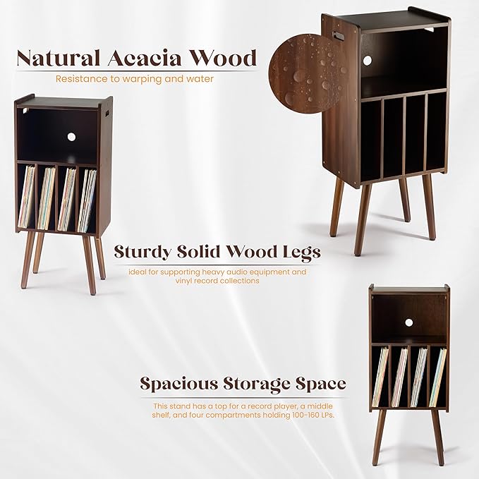 Wooden LP Record Player Stand, 3-Tier Turntable Stand Cabinet Holds up to 100 Albums, Record Storage Holder and Organizer Table, Mid-Century Modern Record Player Holder (Rich Walnut, 3-Tier)