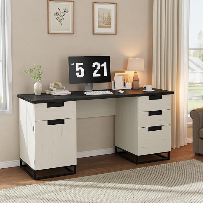 Garvee 59" Farmhouse Executive Desk, Home Office Desk with File Drawer and Storage Cabinet, Wooden Computer Table with 3 Drawers for Work and Study (Black)