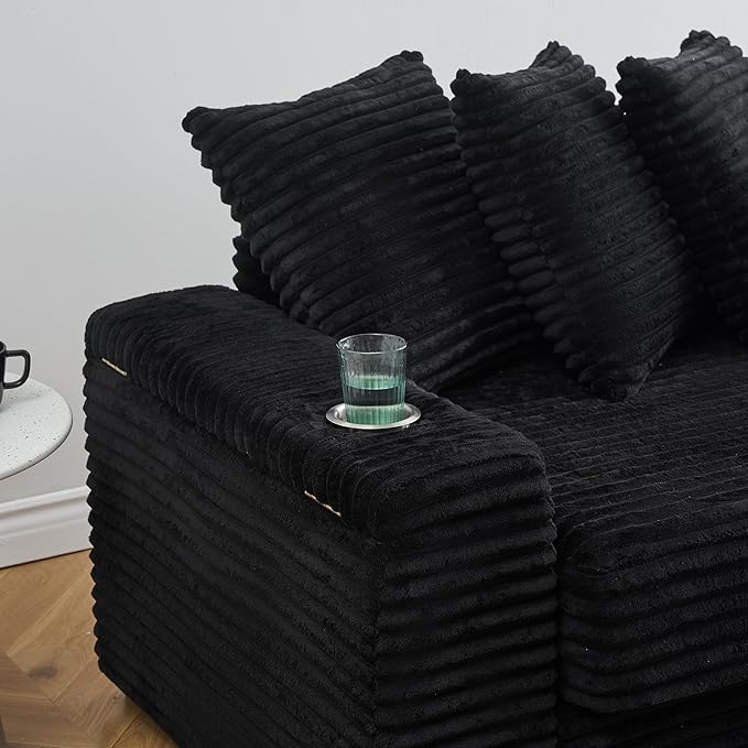 KEIKI 114" Corduroy Sofa with Cup Holders & Storage, L Shaped Sleeper Cloud Couch Set w/Reversible Chaise Lounge, Living Room Oversized Upholstered SofaBed for Apartment, Easy Assembly, Black