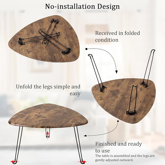 Folding Coffee Table Triangle Designs Oval Coffee Tables Mid Century Wooden Triangular Accent Table with Metal Legs Foldable Industrial Sofa Center Table for Living Room Space Saving