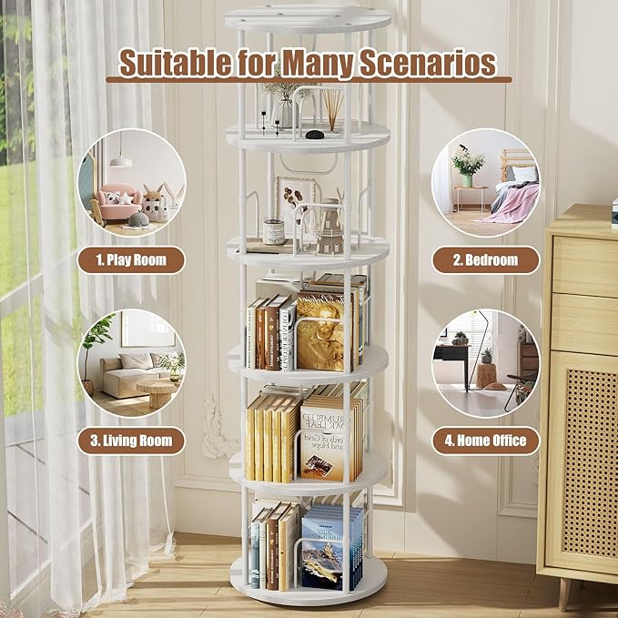 5 Tier Rotating Bookshelf, 360 ° Display Stackable Spinning Bookshelf Tower, Corner Bookshelf Tall Floor Standing Swivel Bookcase Narrow Storage Organizer for Bedroom, Living Room, White