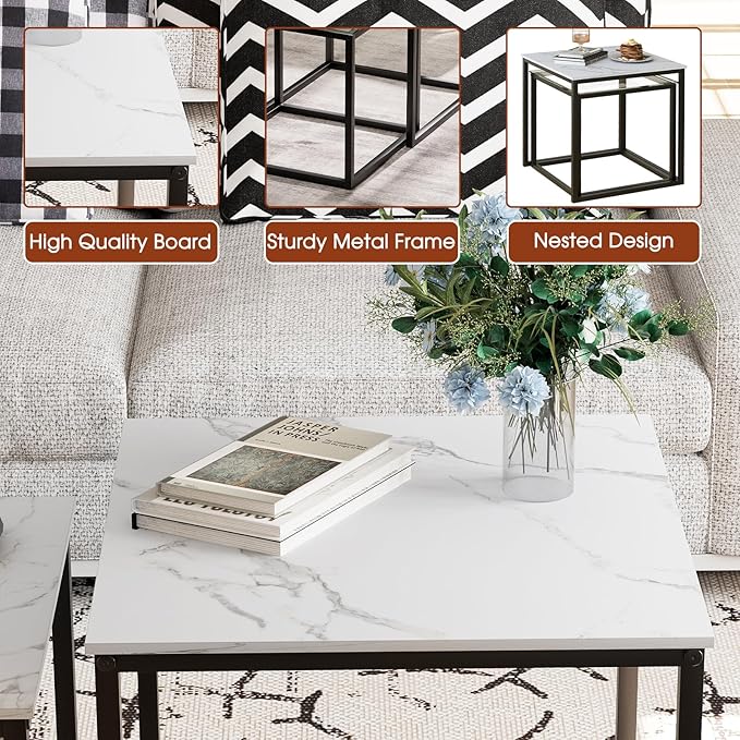 Garden 4 you Coffee Table Set of 2, Modern Faux Marble Nesting Table, Metal Frame Square Center Table Set, Side Tables, Nesting Coffee Table for Living Room, Bedroom and Small Spaces, 19.7in Black