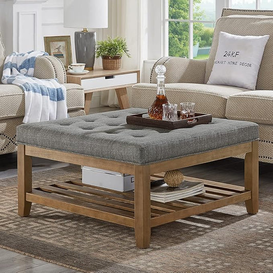 24KF Large Square Upholstered Tufted Linen Ottoman Coffee Table, Large Footrest Ottoman with Solid Wood Shelf-Granite