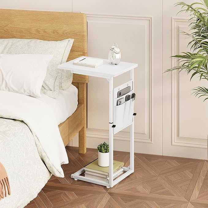 Vagusicc C Shaped End Table, 33" Tall Side Table for Couch, Adjustable Height Recliner Table Small Couch Side Tables, Sofa Tables Slide Under Sofa TV Tray Arm C Table for Living Room, Bedroom, White