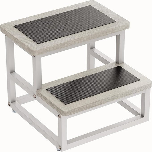 Step Stools, Heavy Duty Stepping Stool for Kids Adults, Non-Slip Metal and Wooden 2 Steps Foot Stool for High Beds and Kitchen, Round Corner, 500 Lbs Capacity, White Oak