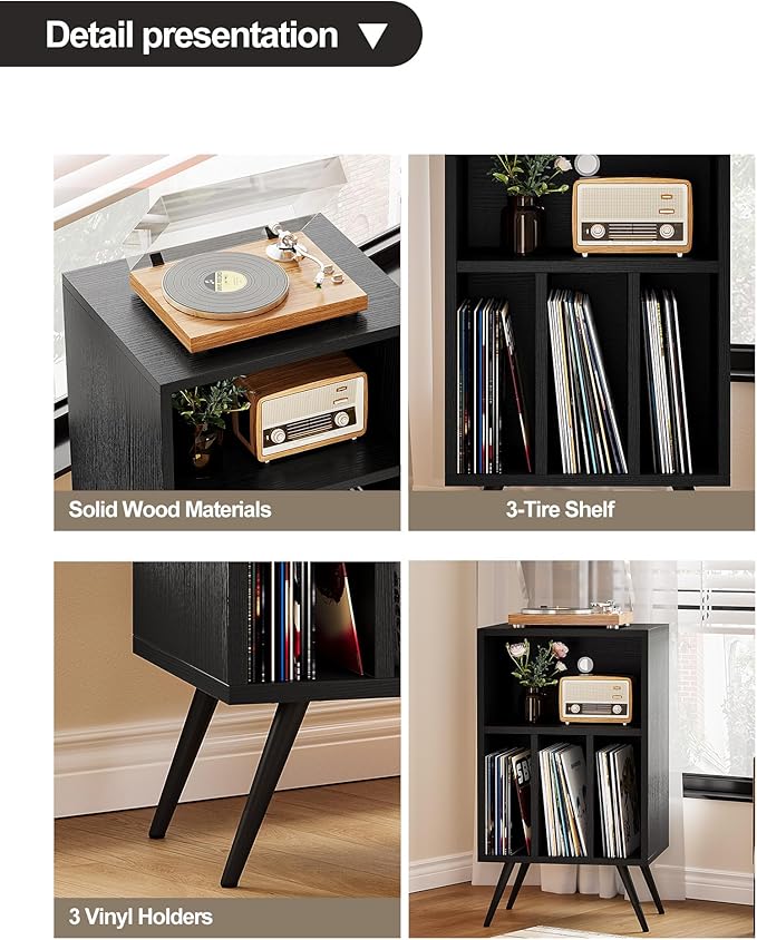 Record Player Stand,Vinyl Record Storage Cabinet with Vinyl Storage Holds Up to 200 Albums for Bedroom Living Room Playroom,Black