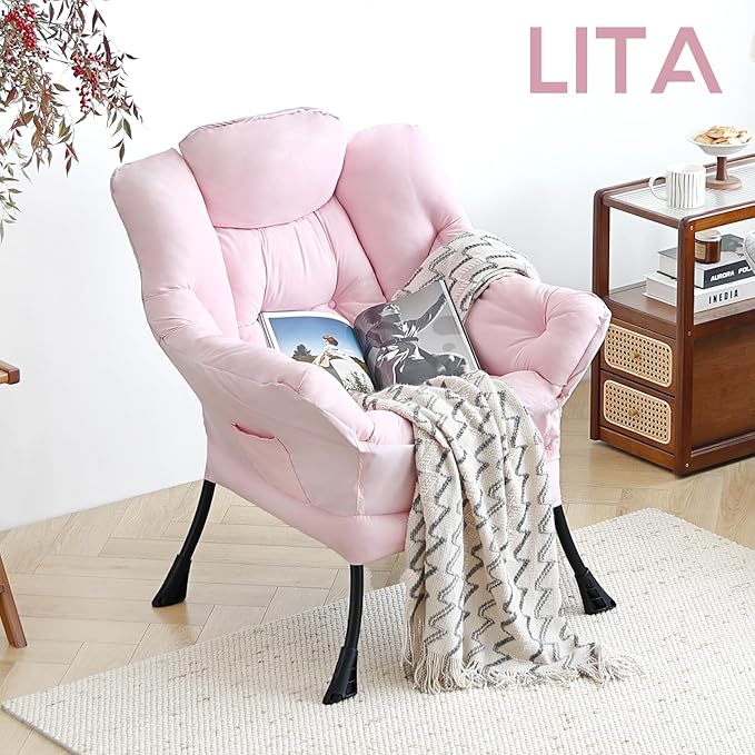 LITA Lazy Chair with Ottoman, Modern Accent Leisure Upholstered Sofa, Contemporary Lounge Reading Chair with Armrests and a Side Pocket for Living Room, Bedroom & Small Space, Single Pink