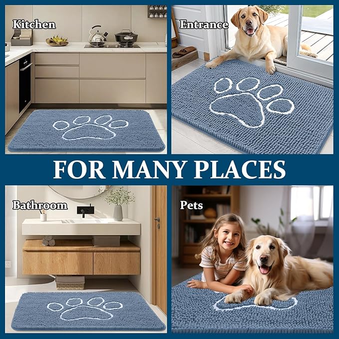 OLANLY Door Mat for Muddy Dog Paws 48x30, Absorbent Chenille Doormat with Paw Print Design, Non-Slip Washable Doormat for Indoor Entryway, Quick-Dry Pet Bed Mats for Dirty Dogs, Airy Blue and White