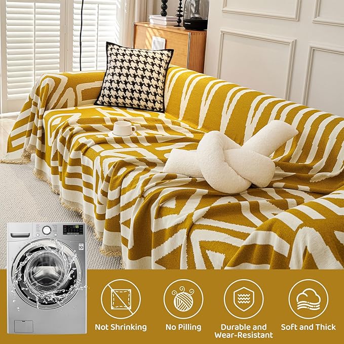 STACYPIK Boho Ginger Yellow Couch Cover, Reversible Sofa Cover L Shaped, Pets Protector for 2 Cushion Couch, Anti Slip Loveseat Sofa Cover Pet Friendly, Washable Jacquard Couch Cover Blankets-71X118IN