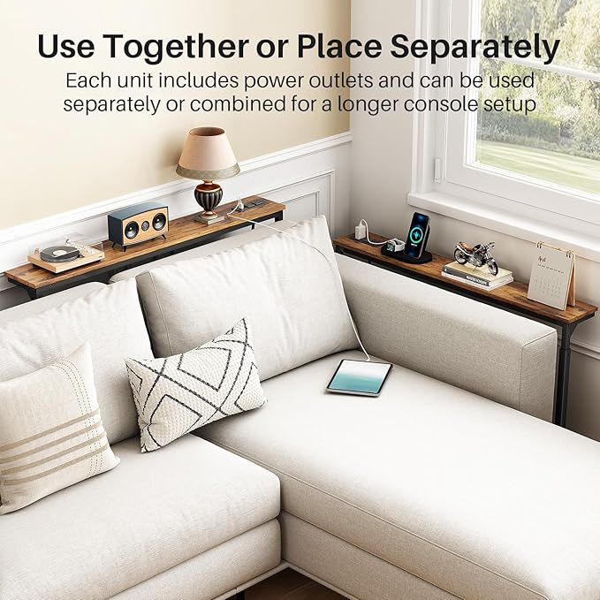 Kitstorack 2-Pack Narrow Console Table with Adjustable Height (25"-33") & 2 Power Outlets, Skinny Behind Couch Table, 79" Long x 5.9" Wide Sofa Side Table for Living Room, Rustic Brown