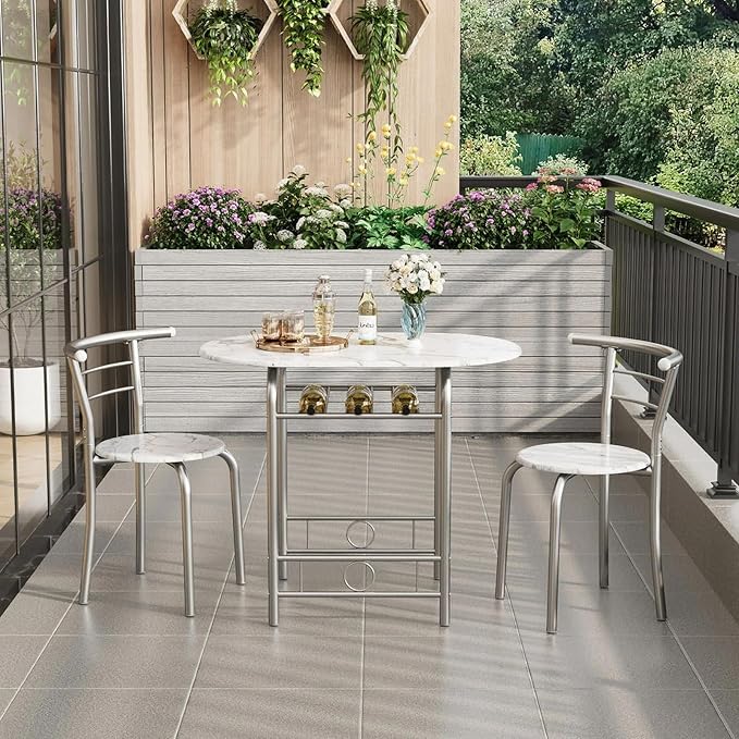 Shahoo 3-Piece Wooden Dining Table Set, Kitchen Breakfast Nook Sets with 2 Chairs & Round Tabletop, Space Saving Furniture Metal Frame and Built-in Wine Rack, Marble White