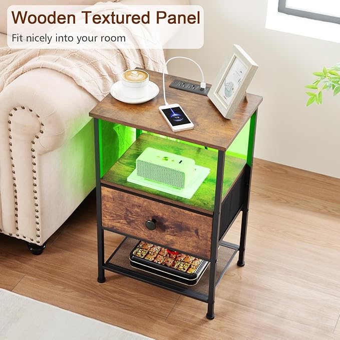 Night Stand Set 2, LED Nightstand with Charging Station, End Tables Living Room with Fabric Drawer for Small Spaces, Side Tables with Storage Shelf for Bedroom, Brown HETS01PBR
