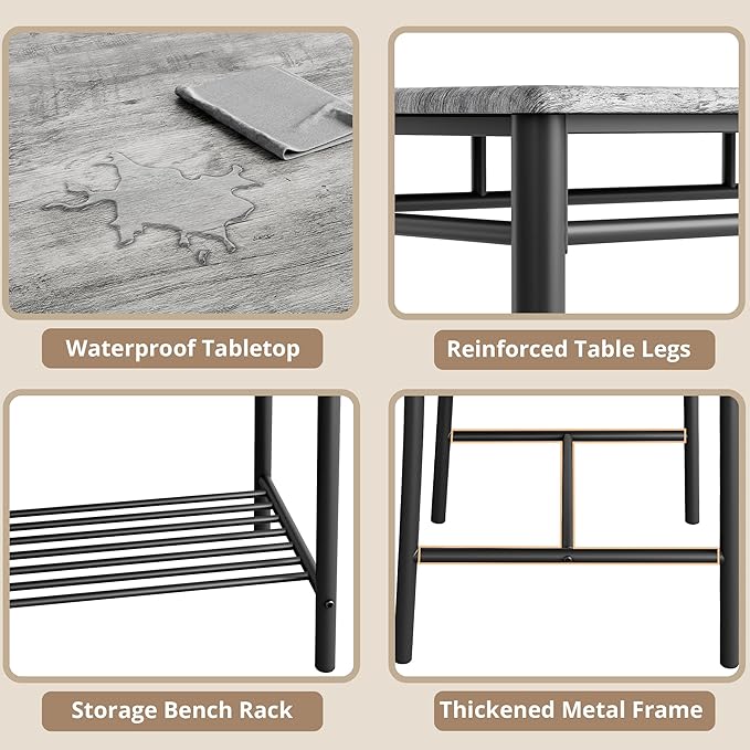 IRONCK Dining Table Set for 4, Kitchen Table with Upholstered Bench and 2 Chairs, Kitchen Table and Chairs Set for Small Space, Apartment, Gray