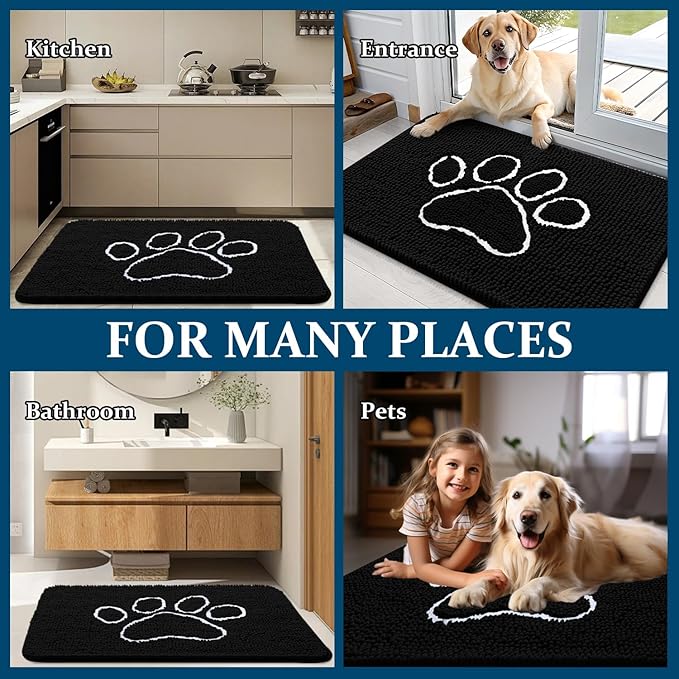OLANLY Door Mat for Muddy Dog Paws 47x32, Ultra Absorbent Chenille Mud Doormat with Paw Print Design, Non-Slip Washable Doormat for Indoor Entryway, Quick-Dry Pet Bed Mats for Dirty Dogs, Black