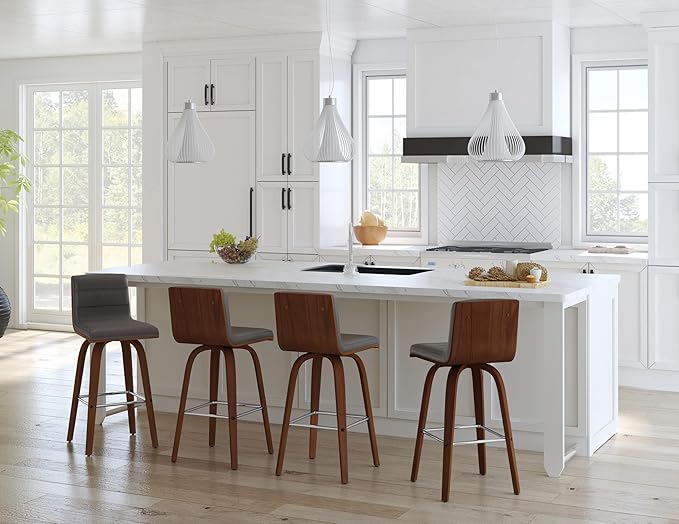 Armen Living Vienna 26" Swivel Counter Stool in Walnut Wood Finish with Gray Faux Leather - Set of 4