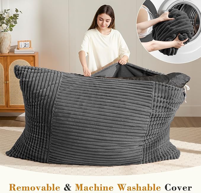 3-in-1 Giant Bean Bag Chair for Adults & Kid, Convertible Floor Sofa to Mattress, High-Density Foam Chair Bed with Washable Cover, Multi Functional Lounge Couch for Bedroom, Living Room (Dark Grey)