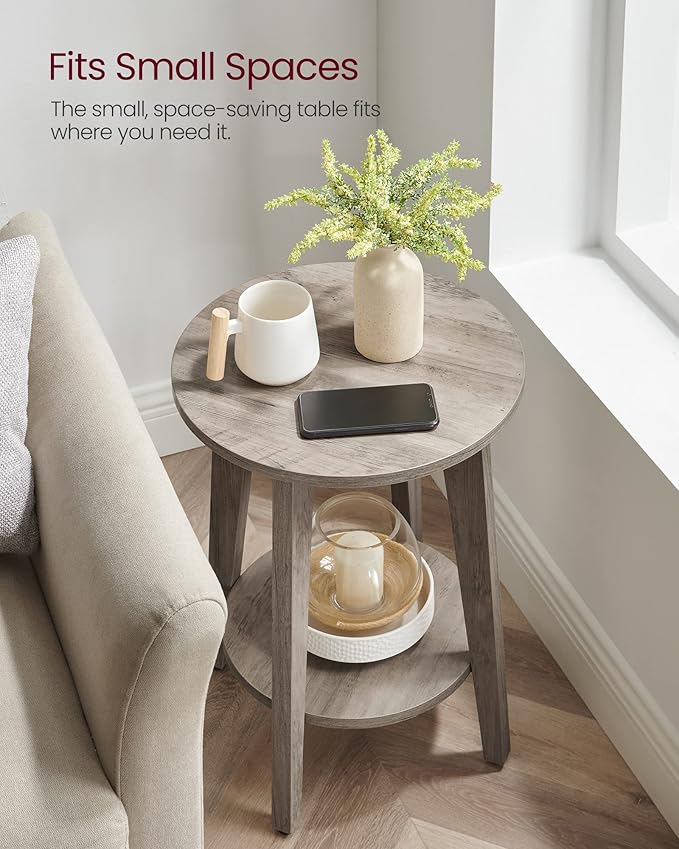 VASAGLE Side Table, Small Round End Table with Lower Shelf, Nightstand for Small Spaces, Living Room, Bedroom, Greige ULET283T02